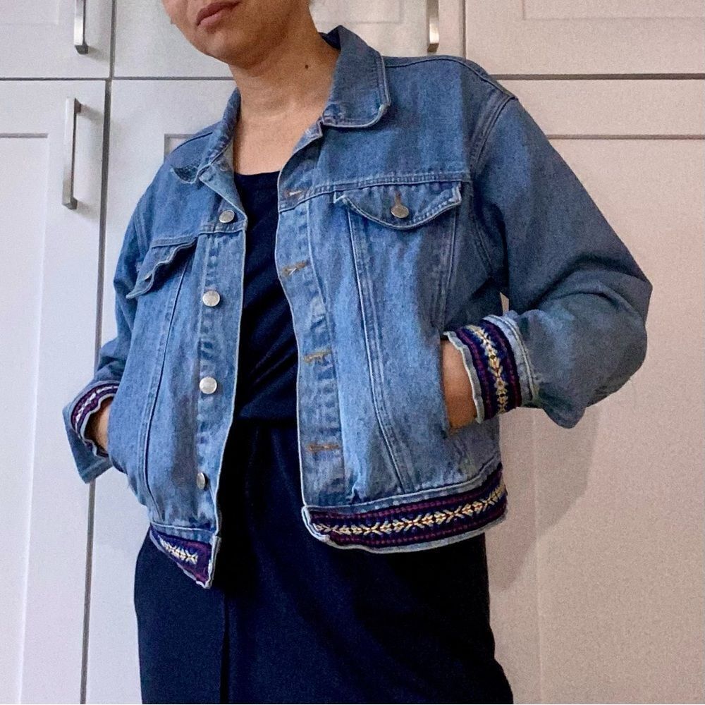 Adriana Sport Women's Medium Blue Denim Jacket Embroidered Details
